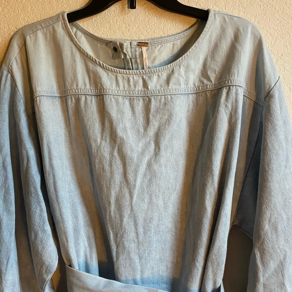 Free People Ora Denim Mini Stylish Two Toned Light Blue Belted Mini Dress Sz L